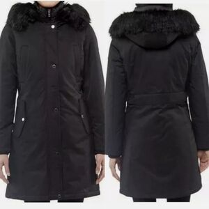 Women's Faux Fur Hooded Parka Black Jacket Medium Warm Mid Weight Madison 1 Cute